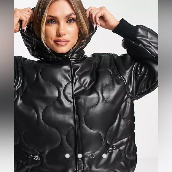 FLASH SALE! • NWT • ASOS Quilted Longline Faux Leather Black Hooded Coat - Picture 5 of 8